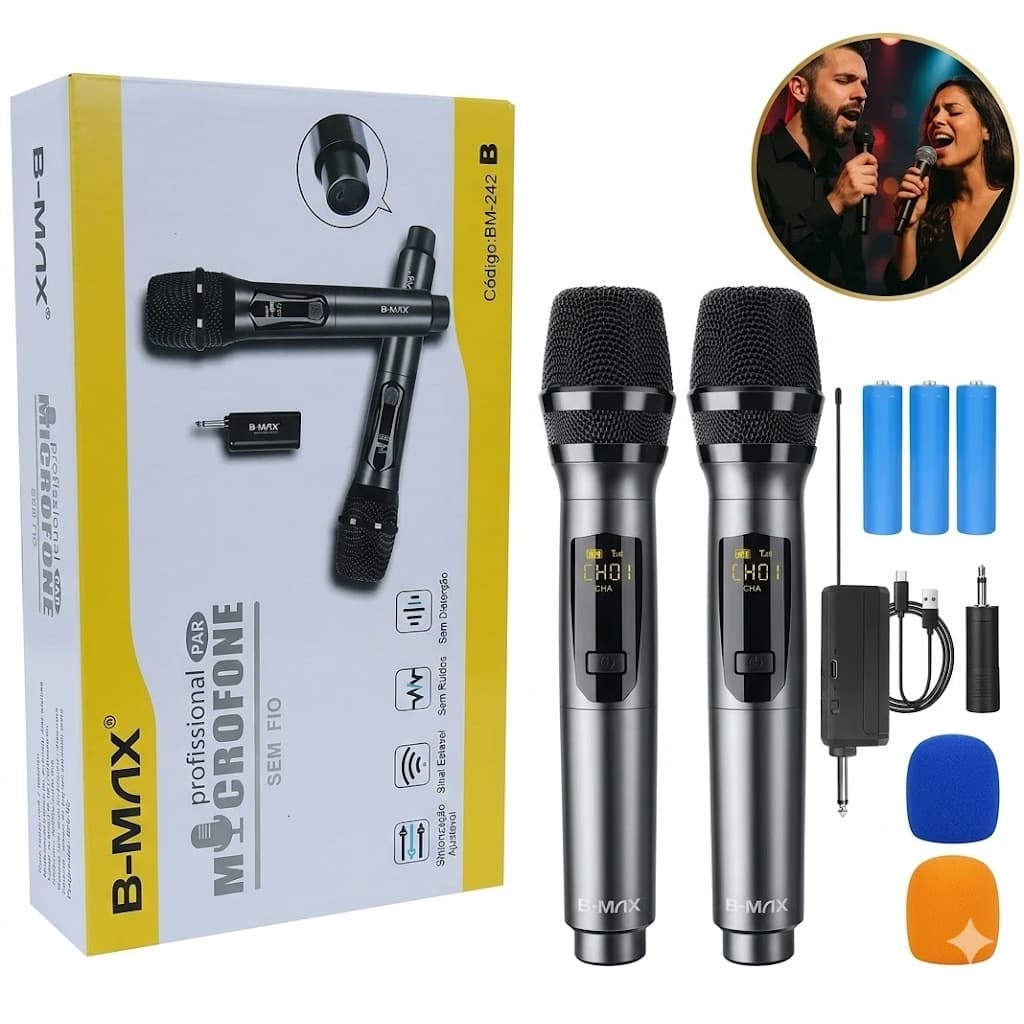 kit 2 microfone sem fio da marca b-max 248 com bateria recarregavel