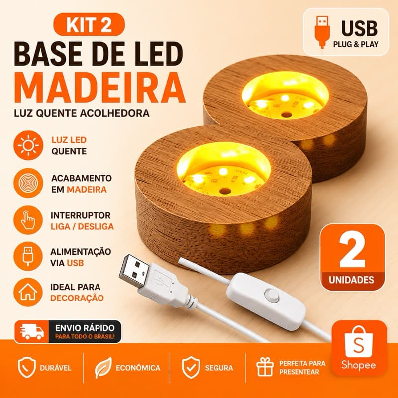 Kit 2 Bases De Luz LED USB Redonda Para Objetos Translúcidos Branco Morno – 23220