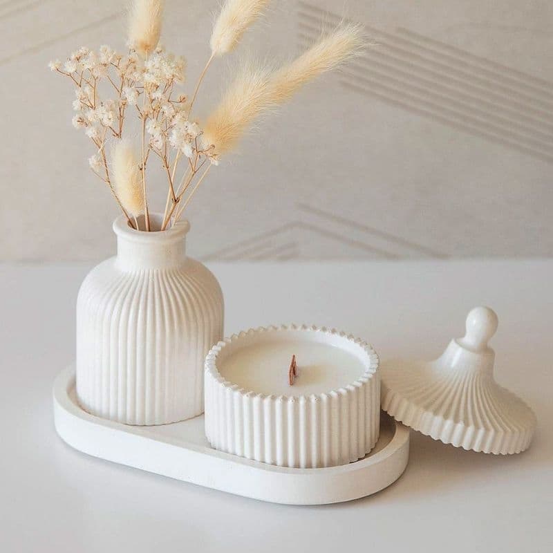 Kit Decorativo Branco 3 Peças Luxo Vaso + Pote com Tampa + Bandeja Decoração Moderna Sala Quarto