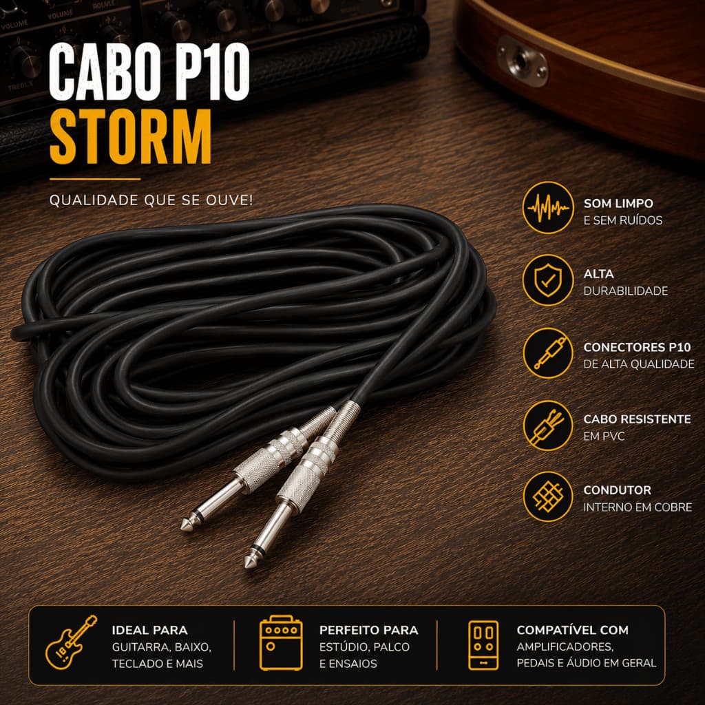 Cabo P10 P10 P/ Guitarra Baixo Amplificador Áudio Profissional Resistente 1m 5m 10m