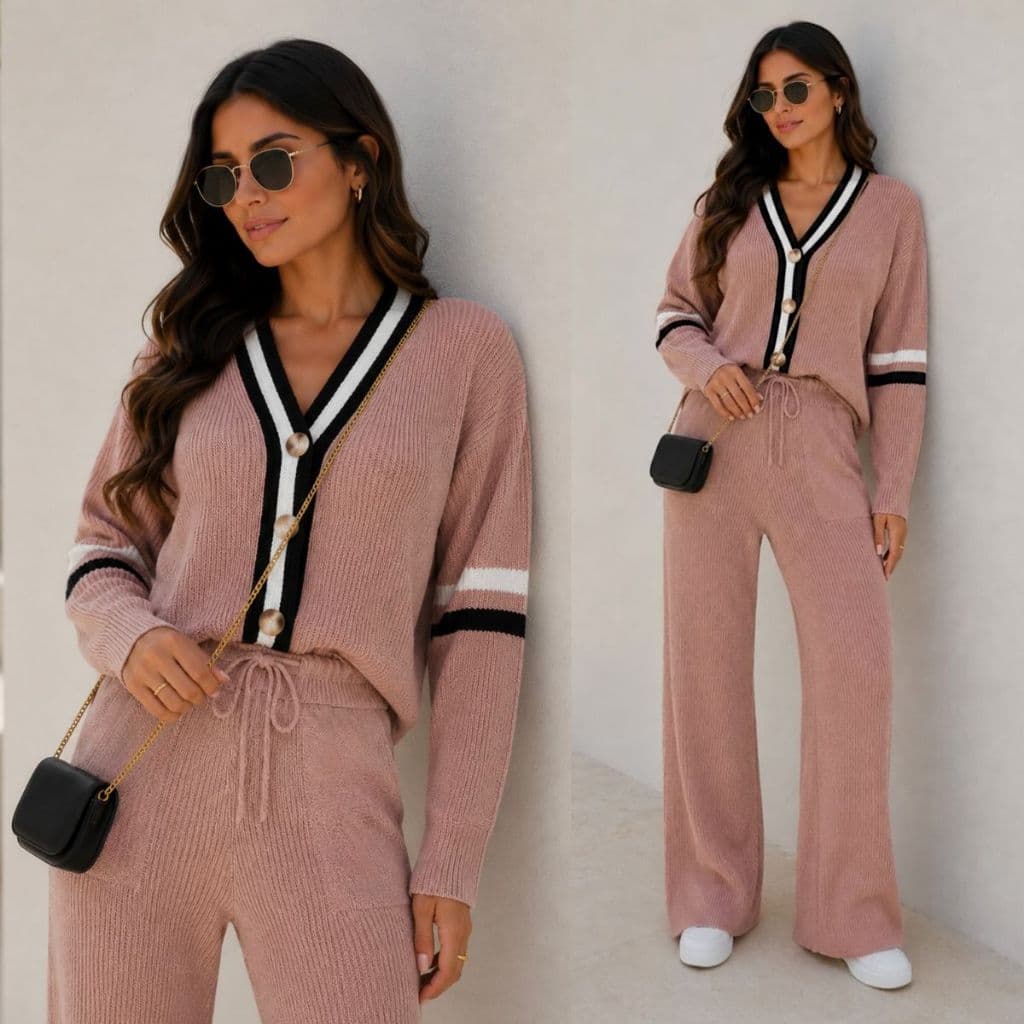 Conjunto Feminino Tricot Mousse Casaco Tricot Mangas Compridas Calça Pantalona com Detalhes Listras