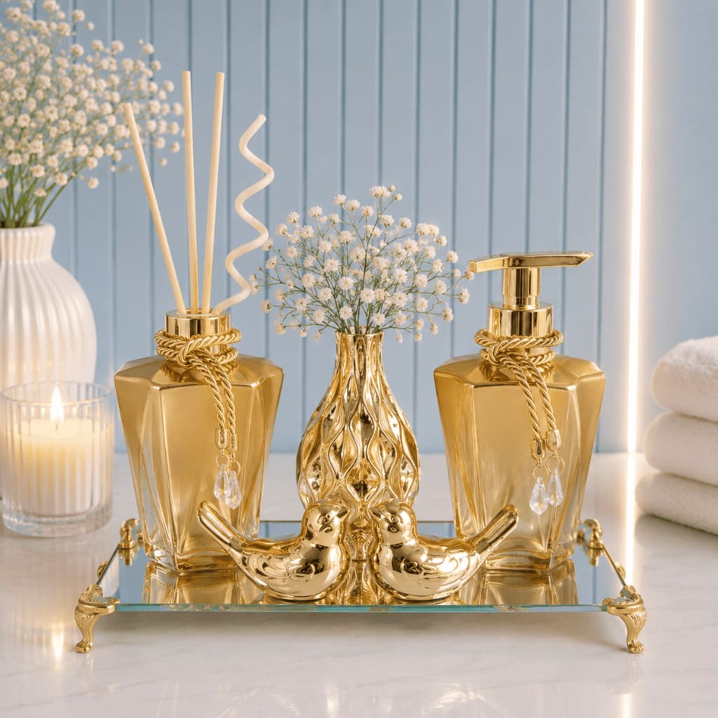 Kit Vidros Elegance DOURADO Degrade + Vaso + Passarinhos Pingentes