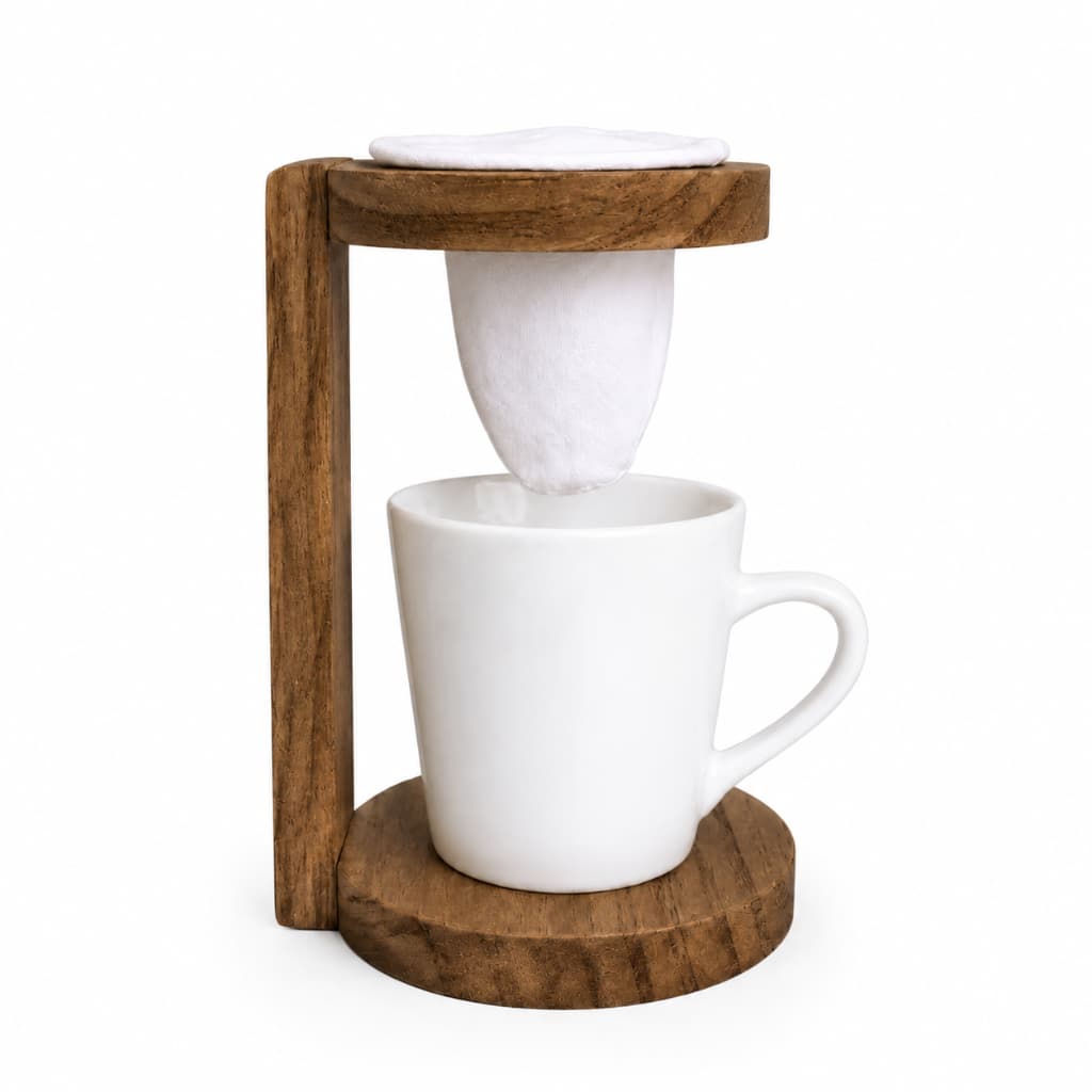 Mini Coador Madeira Pinus Escuro Com Xicara Porcelana Branca 120ml Presente Café Tarde