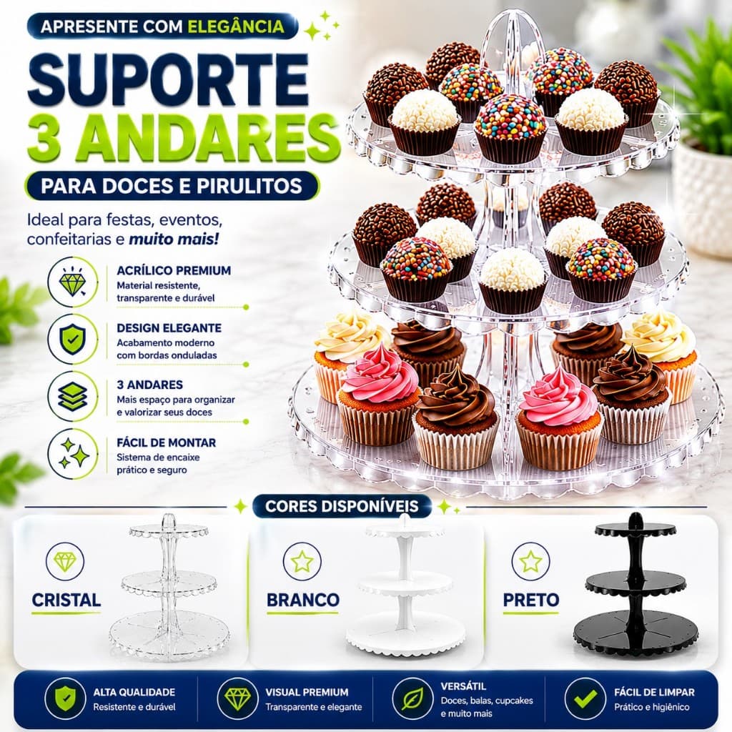 Suporte Porta Doces Cupcake Pirulito 3 Andares Redondo Plástico para Festas Aniversário Casamento Decoração de Mesa