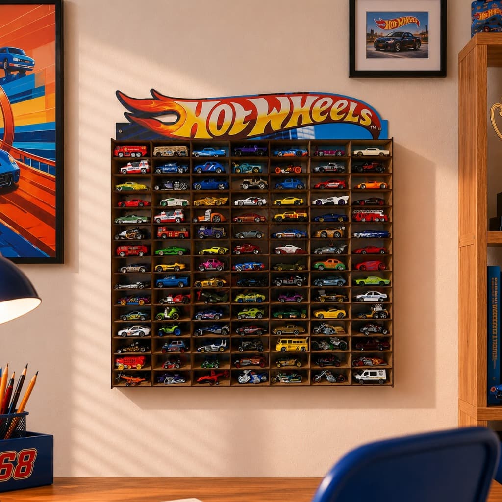Vitrine Prateleira Organizador Coleção Hot Wheels 105 Nichos Porta Carrinhos Carros Adesivado Mdf