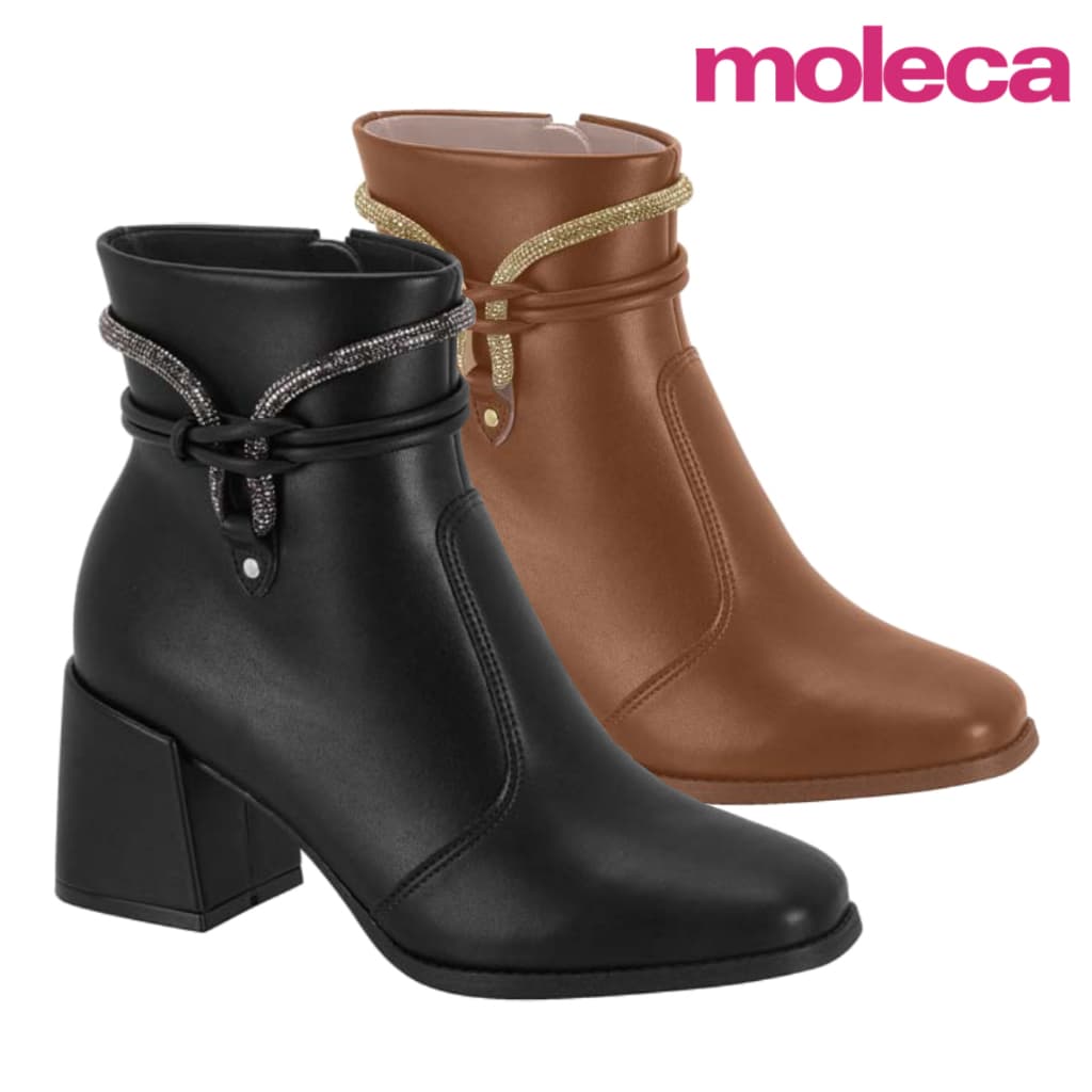 Bota Feminina Moleca Casual Cano Curto Salto Bloco Grosso Baixo Strass Brilho Confortável Original