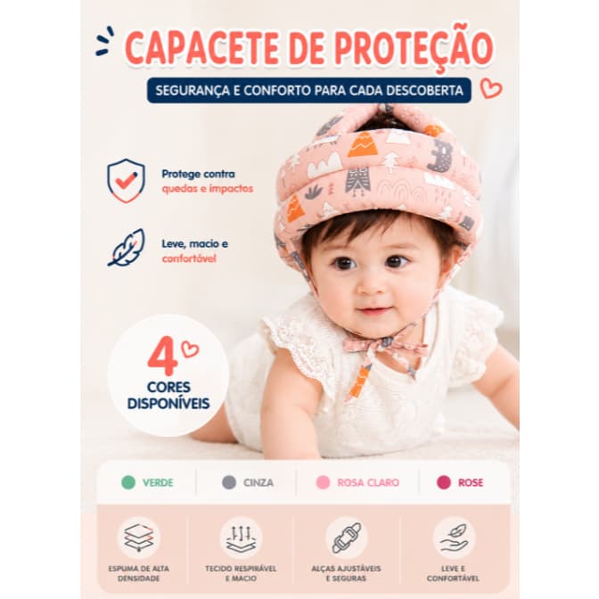 Capacete de Proteção para Bebê Anti Impacto | Ajustável, Leve e Confortável | 4 Cores