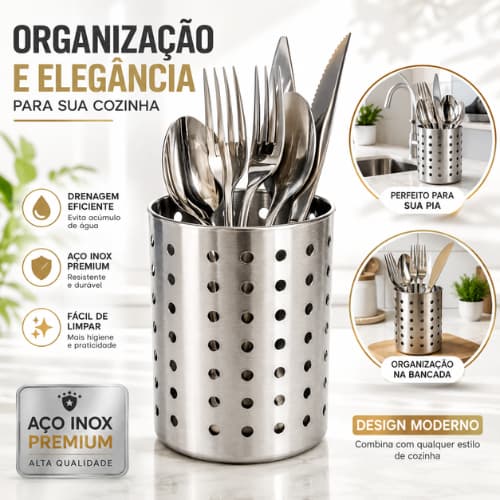 Escorredor de Talheres Inox Redondo Porta Talheres Organizador Cozinha Pia Aço Inoxidável Premium 12,5x9cm Multiuso