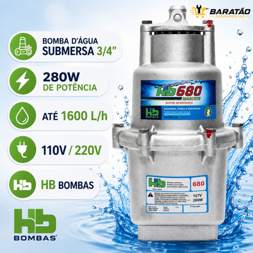 Bomba D'água Submersa Hb Mascote3/4'' 1600lt/h Voltagem Poços e Irrigação 280W e Vazão de 1600 l/min