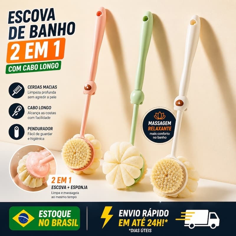 Escova de Banho 2 em 1 para Costas, Esfoliante e Massageadora Corporal, Relaxante, Cor Sortida