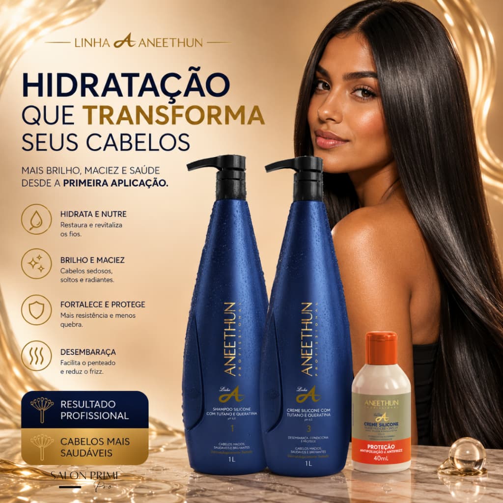 Kit Aneethun Linha A Shampoo 1L  Creme Silicone 1L Hidratação Nutrição e Brilho + Brinde