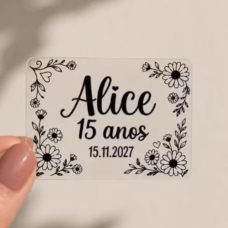 Adesivo copo a prova d' água Transparente Personalizado 5x4cm aniversário Jardim das Margaridas Flores debutante
