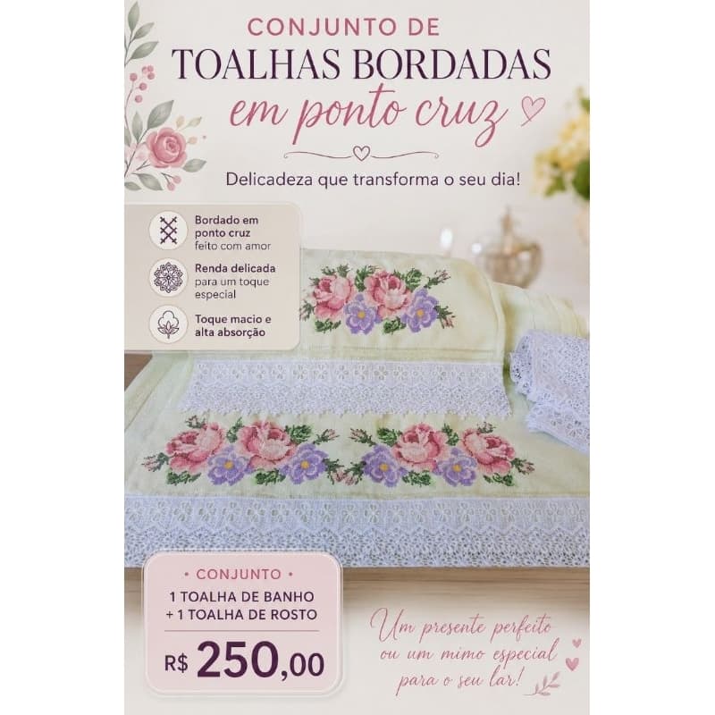 Conjunto de toalhas bordadas em ponto cruz.