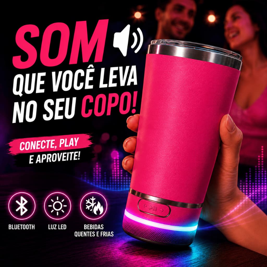 Copo Bluetooth com Caixa de Som LED Copo Térmico Inox 420ml Rosa