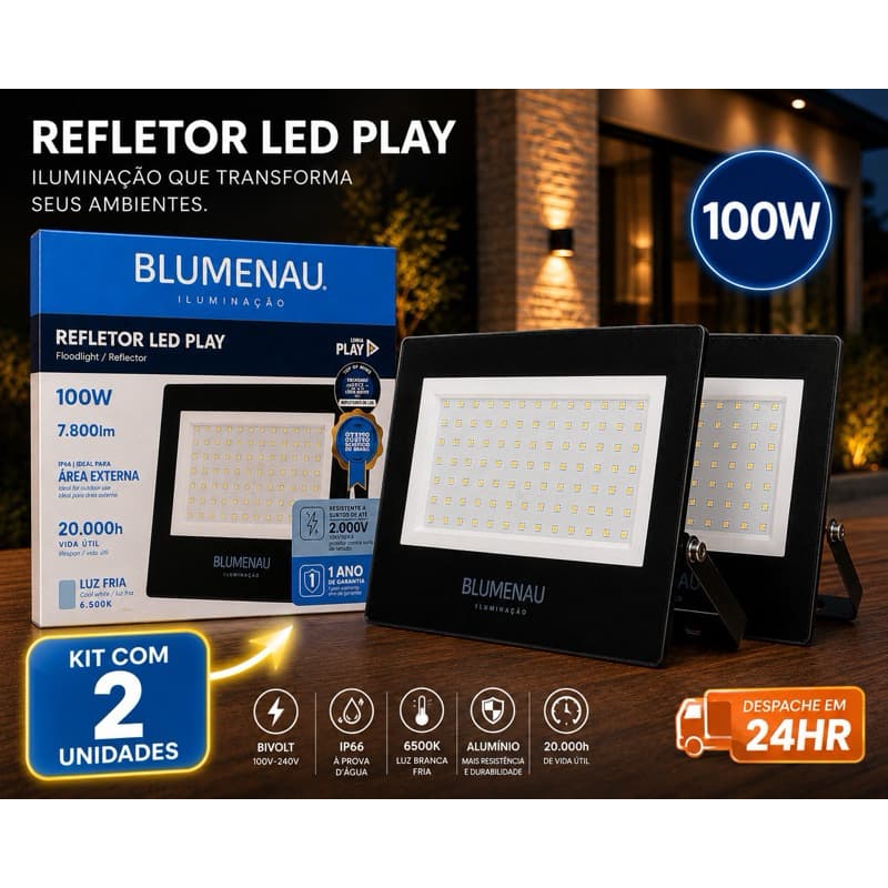 2 Refletores LED 100W Blumenau Alumínio Bivolt IP66 6500K 3000K Externo Prova D'Água AltaPotência Fachada Jardim Garagem