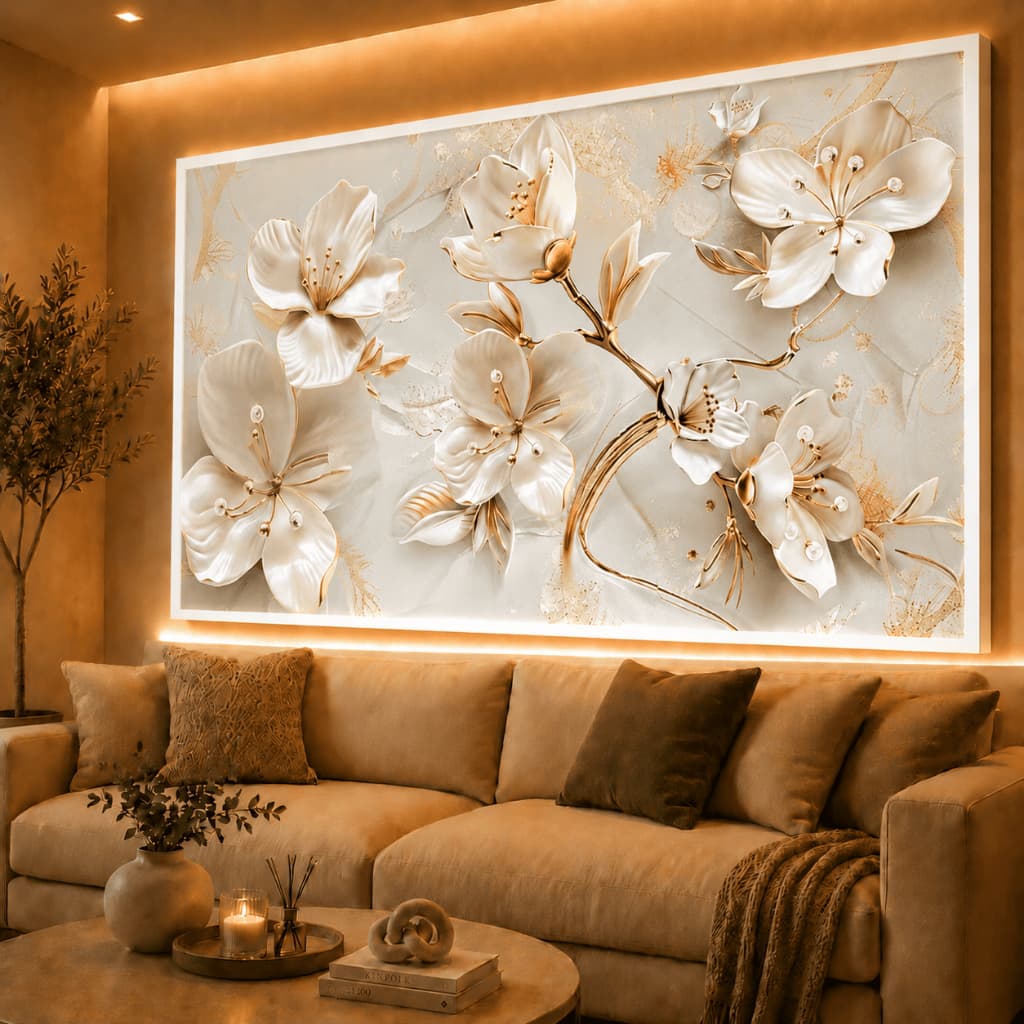 Quadro Decorativo Flores Brancas Douradas Mosaico Sala Quarto Escritório Hall