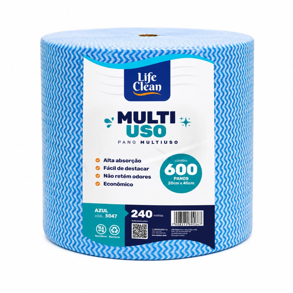 Pano Multiuso Tipo Perfex Rolo Picotado com 600 Panos de 20cm x 40cm - 240 Metros Azul Life Clean