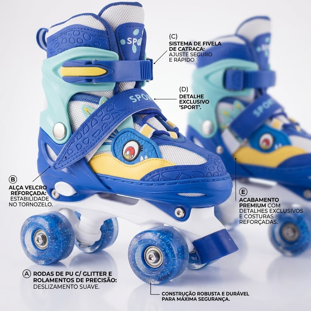 Patins Infantil 4 Rodas Dinossauro Rodas com Luz Led Presente Aniversário Para Menino