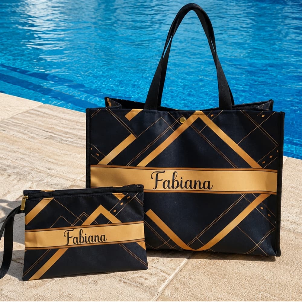 Kit Bolsa Resort + Necessaire | Bolsa de Praia Personalizada com nome, iniciais, frase ou estampa