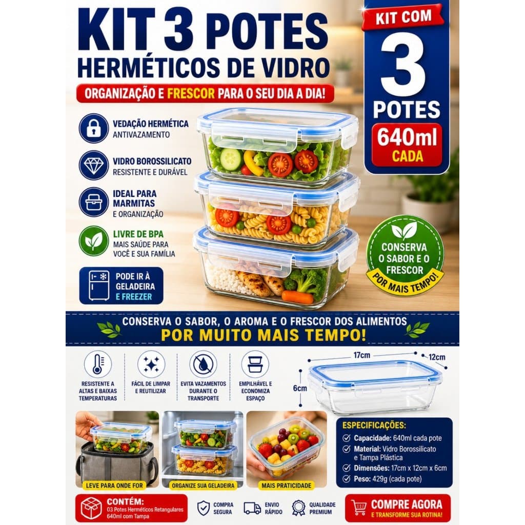 Kit 2 3 6 10 Potes Herméticos Vidro 640ml Tampa Trava Conserva Alimentos Organizador de Geladeira e