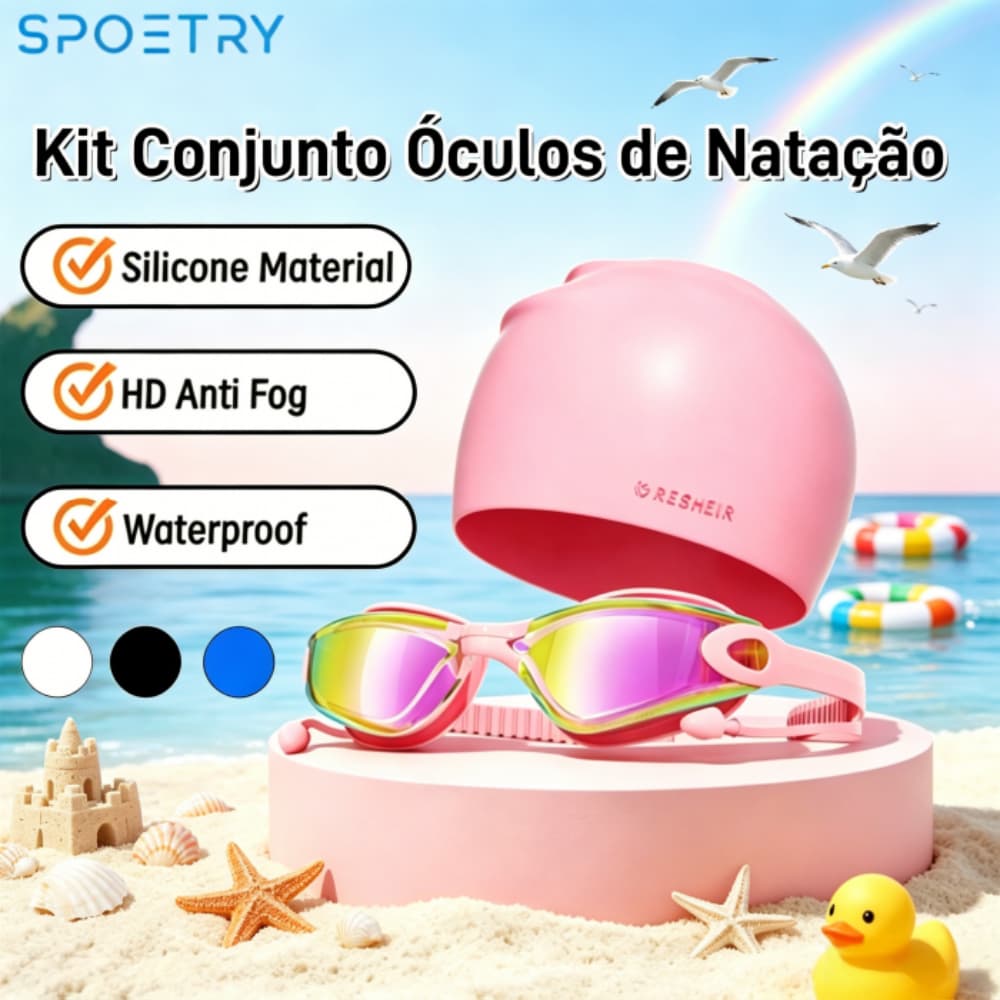 Kit Conjunto Óculos de Natação Adulto + Touca Antiembaçante Proteção UV Confortável e Durável para Piscina e Praia