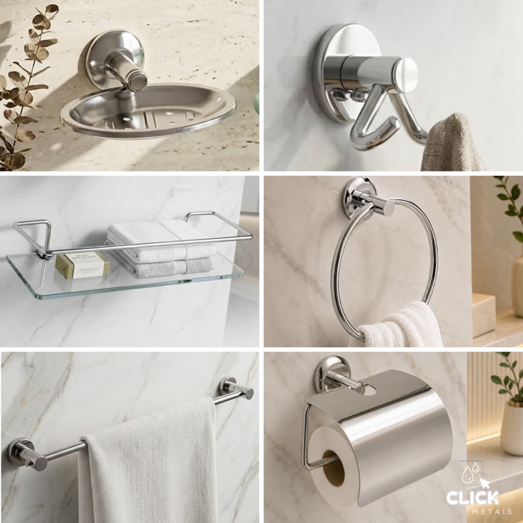 Kit 6 peças Acessorios para Banheiro em Inox Aluminio Porta Shampoo de Vidro 6mm Reto