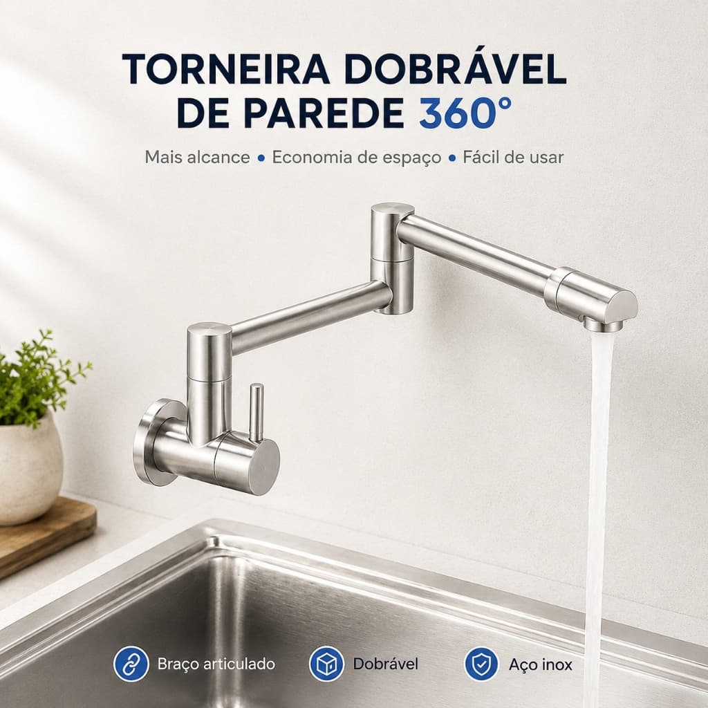 Torneira Cozinha Parede Articulada Dobrável Estensível Gourmet Flexível Luxo Essenza Água Fria