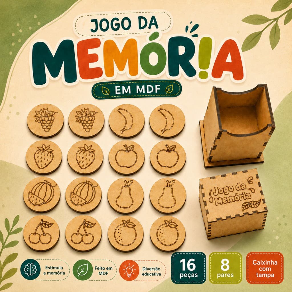 Brinquedo Educativo Infantil Jogo da Memória Frutinhas MDF 16 Fichas Pedagógico Didático