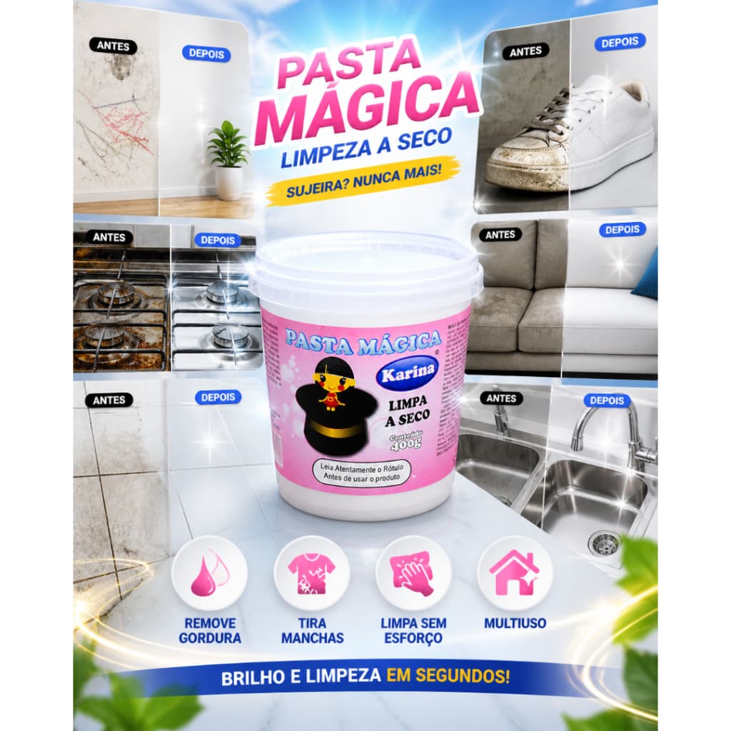Pasta Mágica Limpeza Multiuso 400g Limpa Seco Remove Gordura Incrustada e Manchas Pasta Limpadora Pasta Multiuso