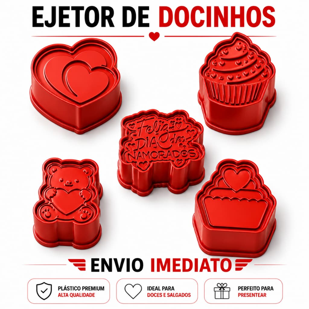 Kit 5 Ejetores Doces Gourmet Molde Modelador Amor Paixão Romance Coração Beijo Abraço Namoro