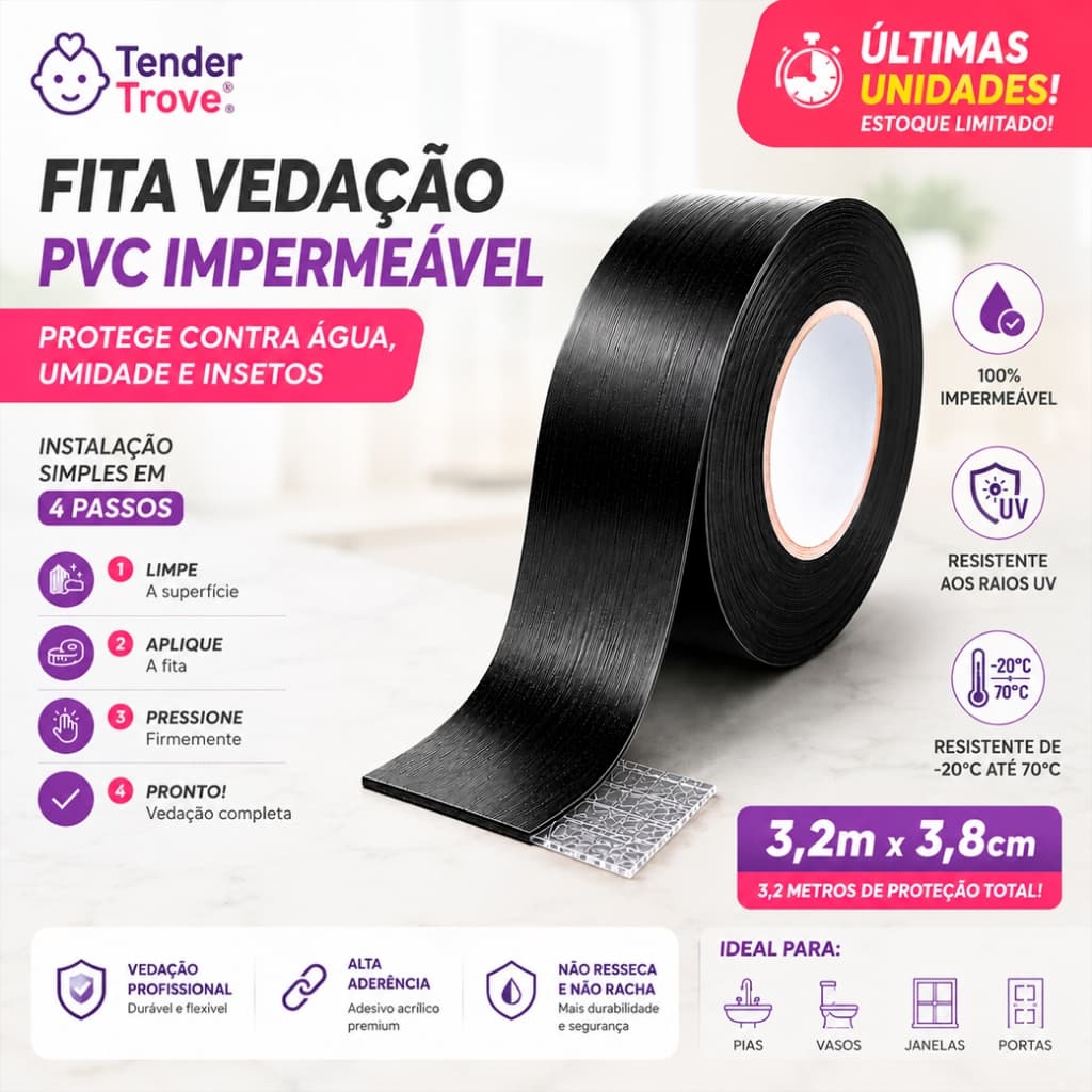 Fita PVC Adesiva Vedação Impermeável Box Banheiro Fogão Cozinha Janelas Prova D'água Preta 3,2m 🔒