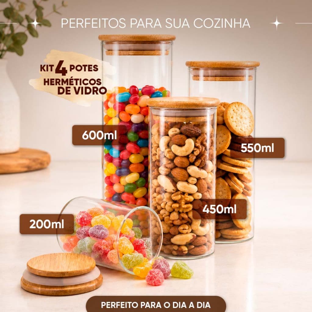 KIT 4 POTES HERMETICOS VIDRO TAMPA BAMBU REDONDA 600ml 550ml 450ml 200ml