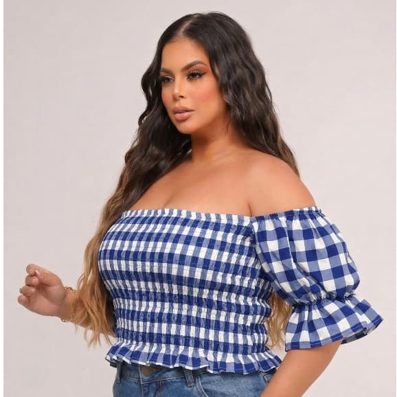 Blusa Cropped Xadrez Plus Size Ciganinha Ombro a Ombro Lastex Estica Curvy Manga + Liso Estampado