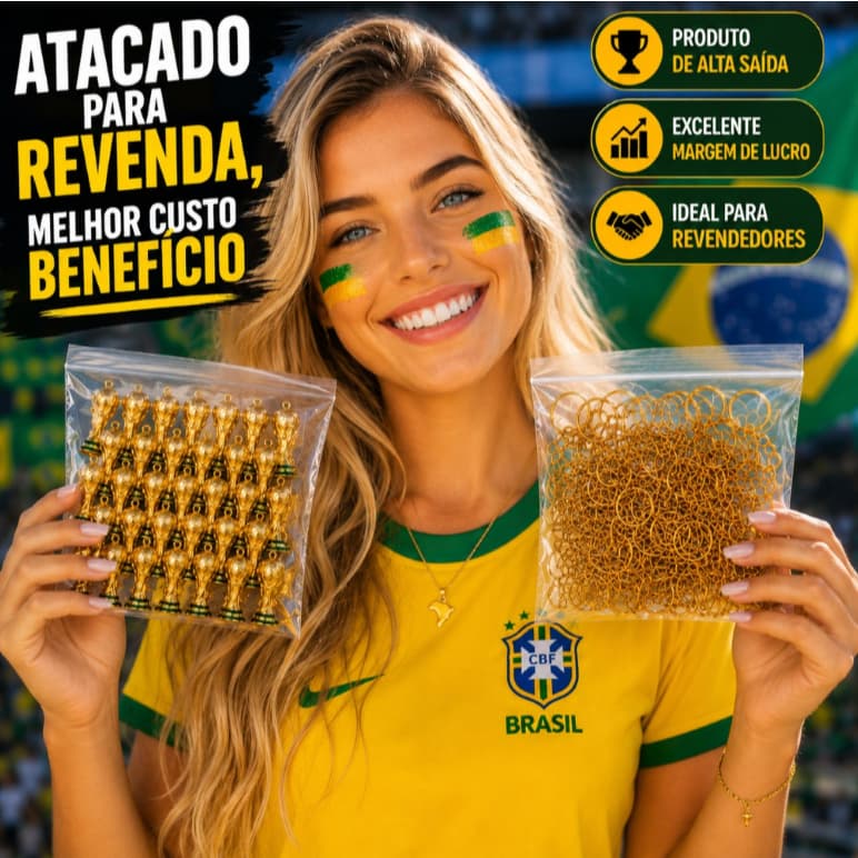 Kit Chaveiros Copa do Mundo Atacado Revenda Troféu Taça Brinde Futebol Brasil Lembrancinha Premium Desmontado