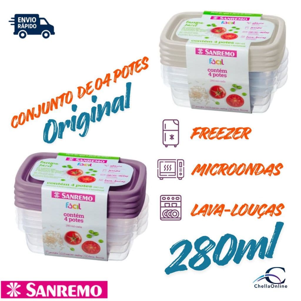 Conjunto 4 Potes Plásticos Sanremo 280ml Micro-ondas Freezer e Lava-Louças