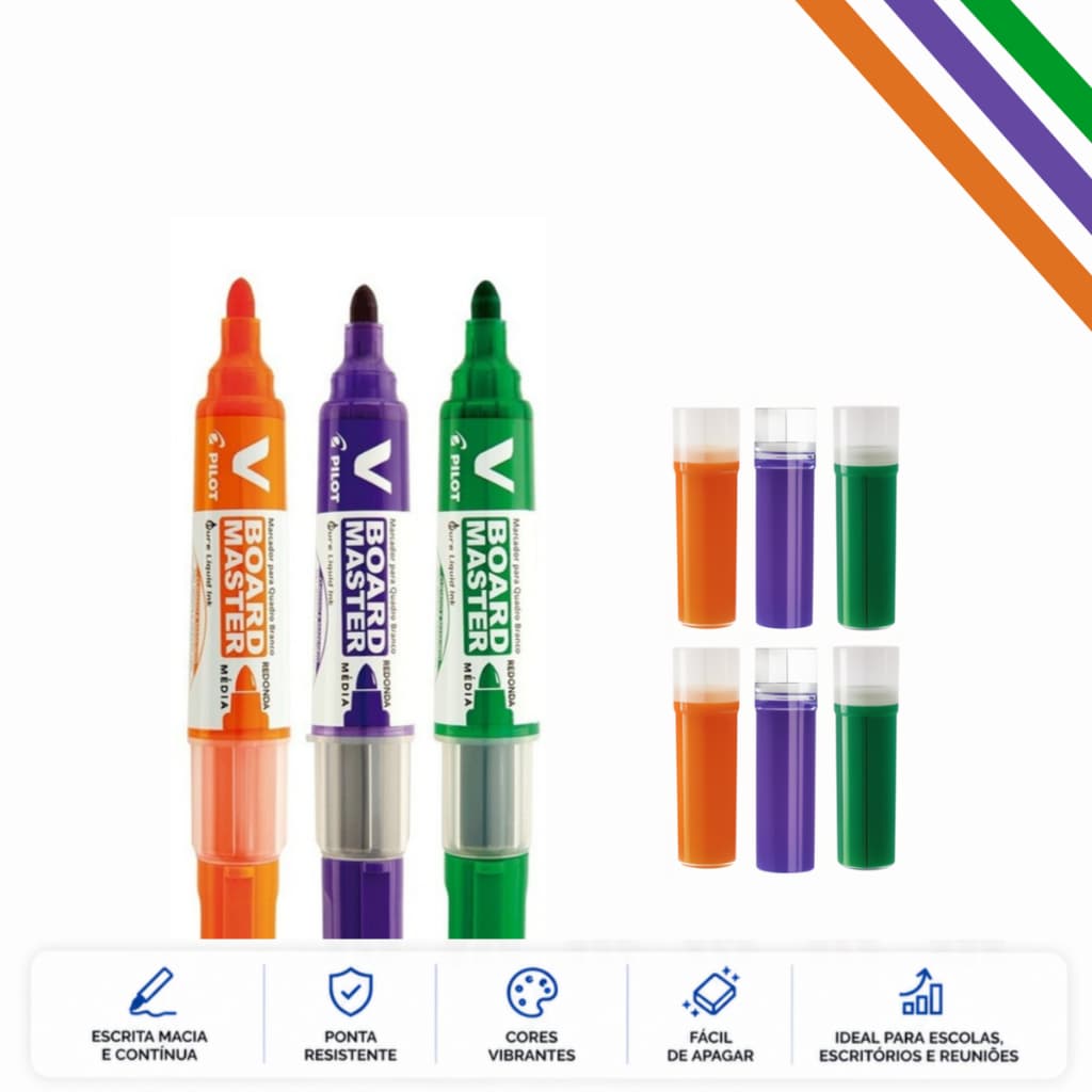 Kit Completo com 3 Pincéis Pilot + 6 Refis Coloridos para Quadro Branco