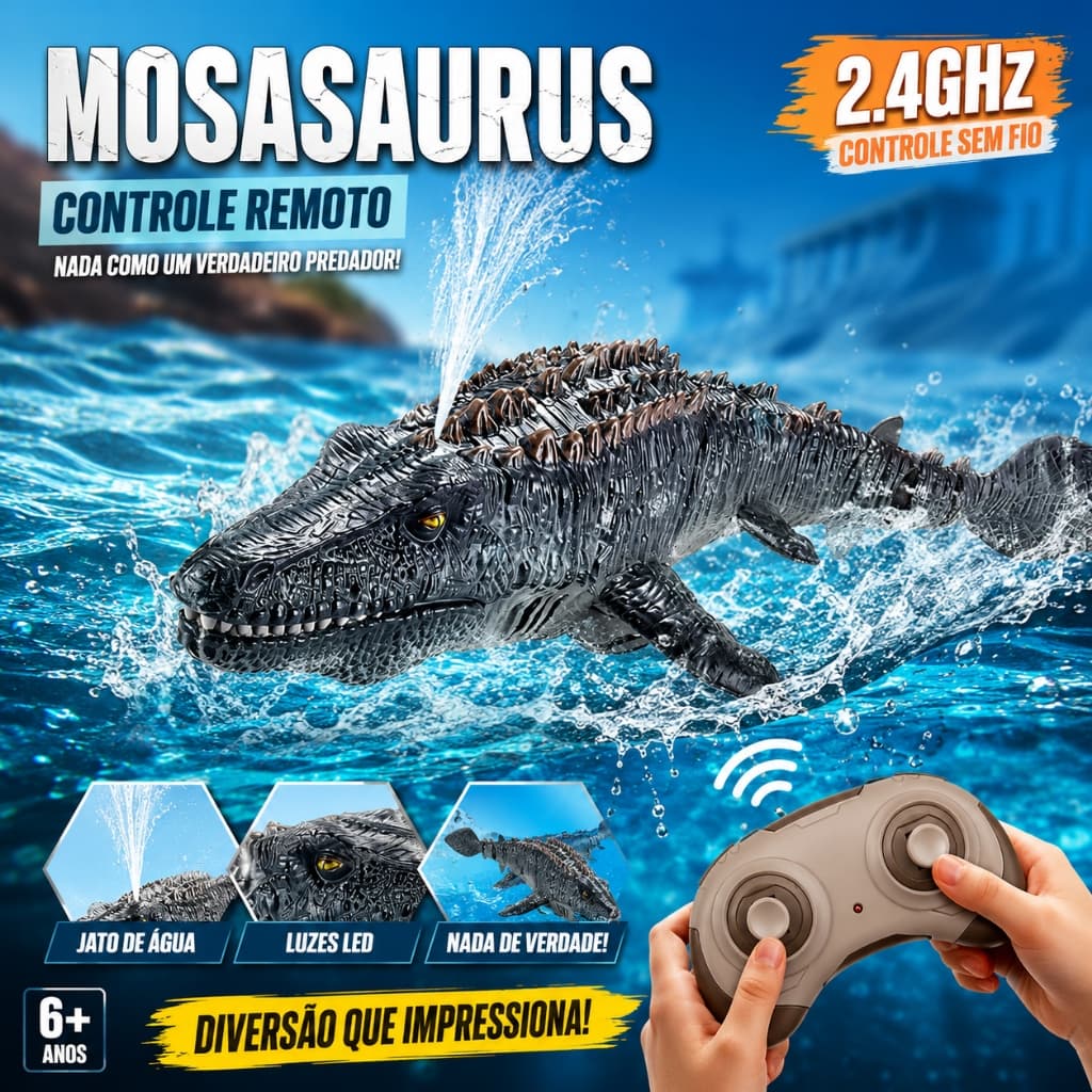 Dinossauro Mosassauro Controle Remoto RC com Jato de Água Luz LED Brinquedo Aquático Infantil