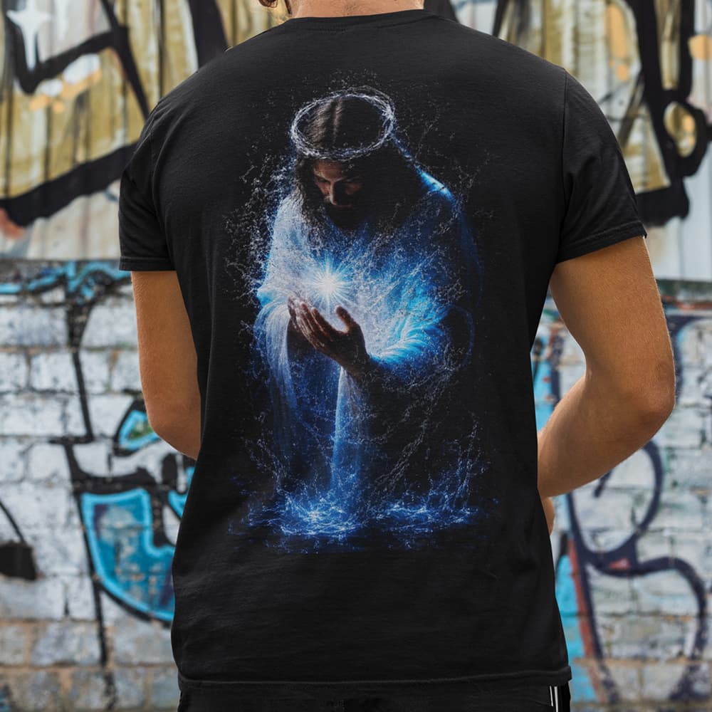Camiseta Unissex Jesus Água Viva Luz Divina Azul Preta Costas Arte Sacra Religiosa Premium