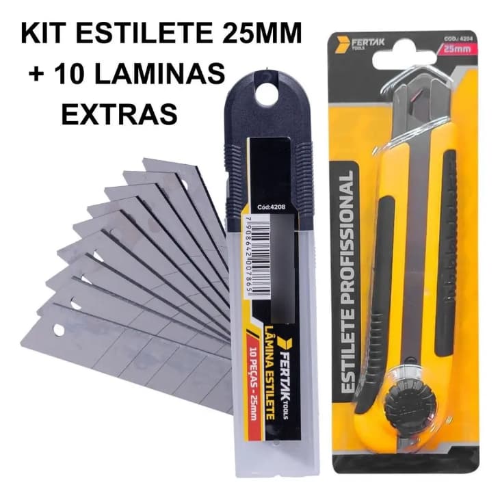 Kit Estilete Profissional 25mm Largo Com Trava E + 10 Lâmina