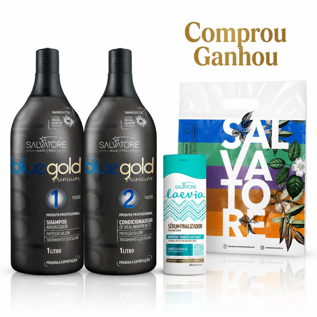 Salvatore Blue Gold Premium Passo 1 Shampoo Anionizador 1L + Passo 2 Tratamento de Realinhamento 1 L