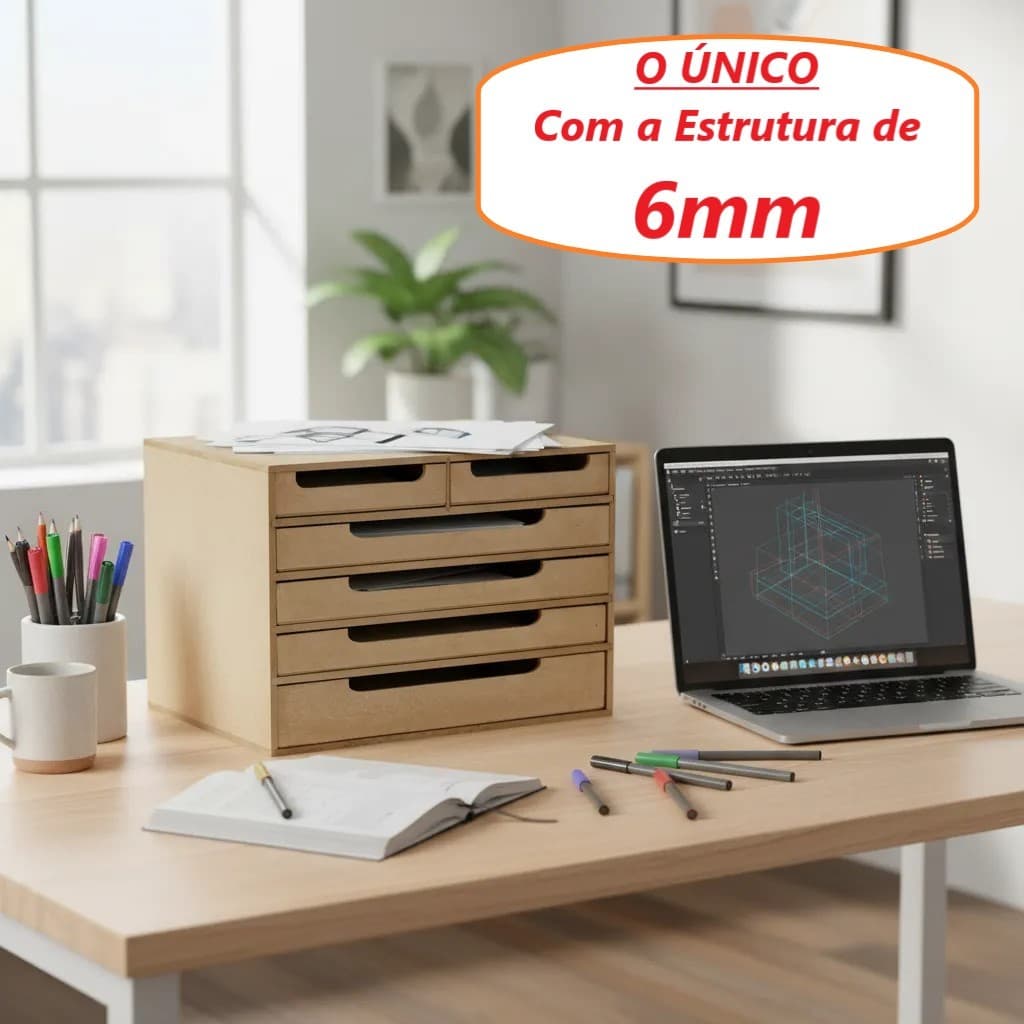 Organizador para Folhas Sulfite A4 com 6 Gavetas em MDF Cru para Escritorio Suporte Para Monitor