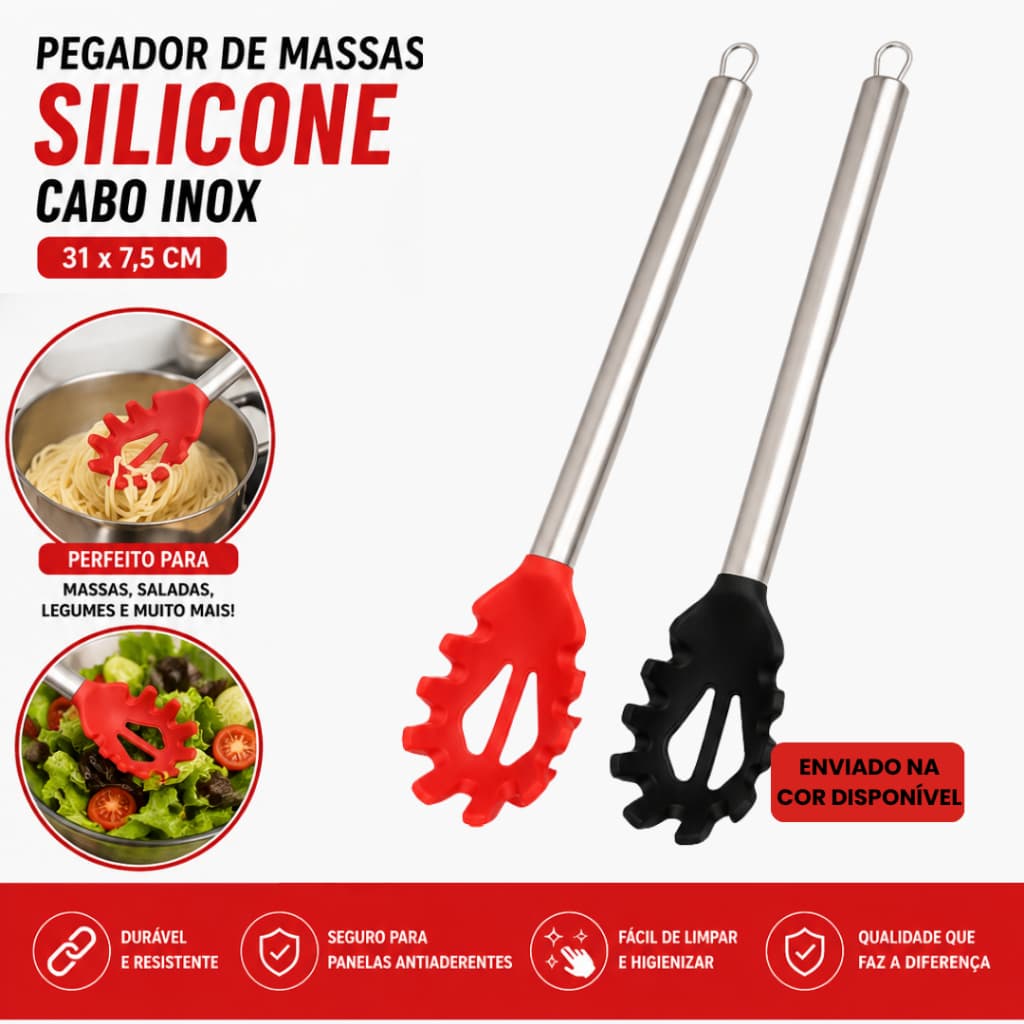Pegador de Macarrão Pegador de Massas em Silicone com Cabo de Inox 31cm Utensílio Cozinha Antiaderente Resistente