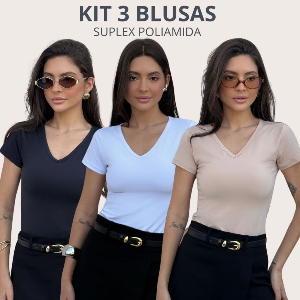 Kit 3 Blusas Decote V Manga Curta Baby Look Suplex Poliamida