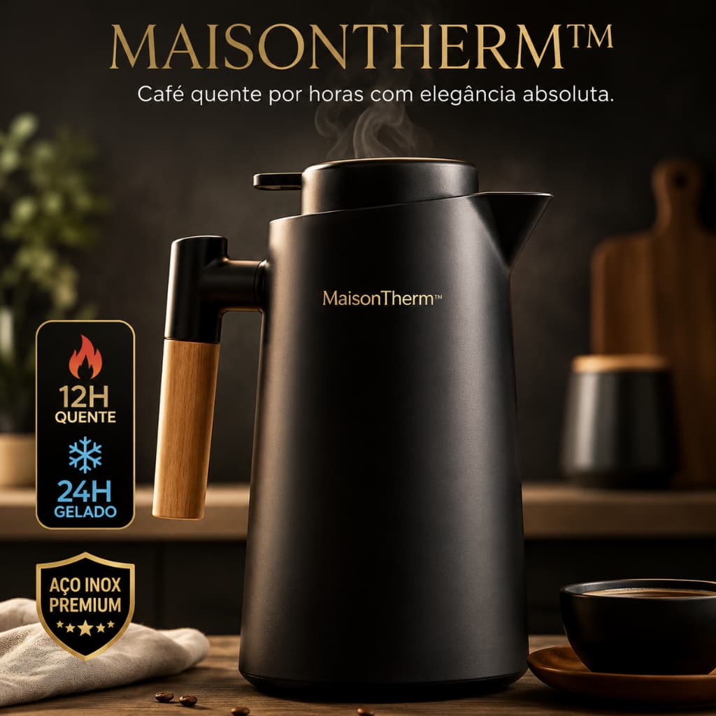Garrafa Térmica 1 Litro Inox Premium MaisonTherm Cabo Madeira Mantém Quente 12h e Gelado 24h