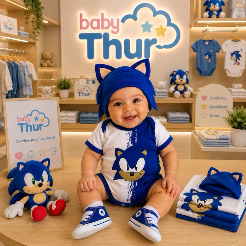 Body Temático Sonic com Opção de Touca e Tênis, bebê menino, fantasia mesversário