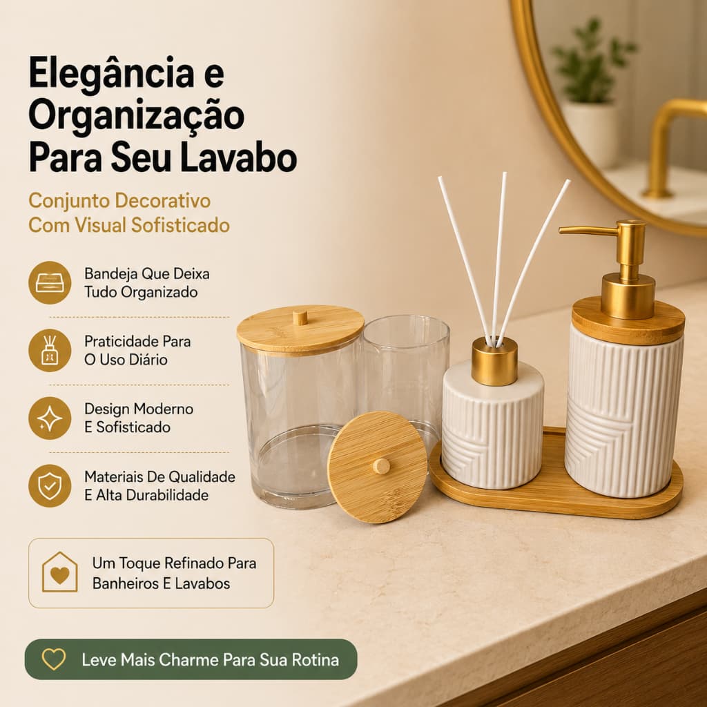 Kit Banheiro Premium Porta Sabonete Difusor Aromatizador Organizador Lavabo Decoração Moderna