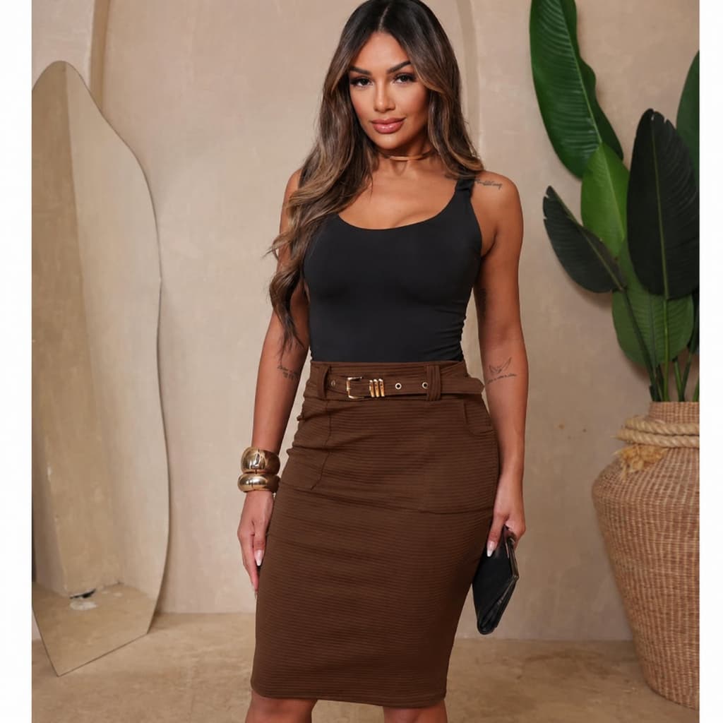 moda evangelica saia com cinto feminina Saia Midi Canelada Feminina com Cinto Saia Lápis Elegante Cintura Alta Casual
