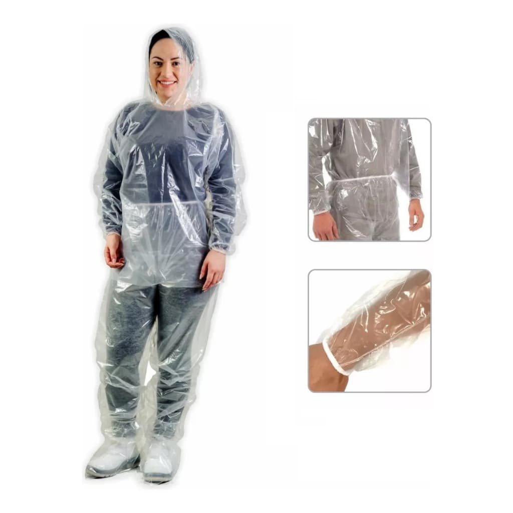 Capa de Chuva Transparente Com Calça e Capa Com Capuz da Prevemax. Possui elástico nas extremidades CA 30355 e CA 30354.
