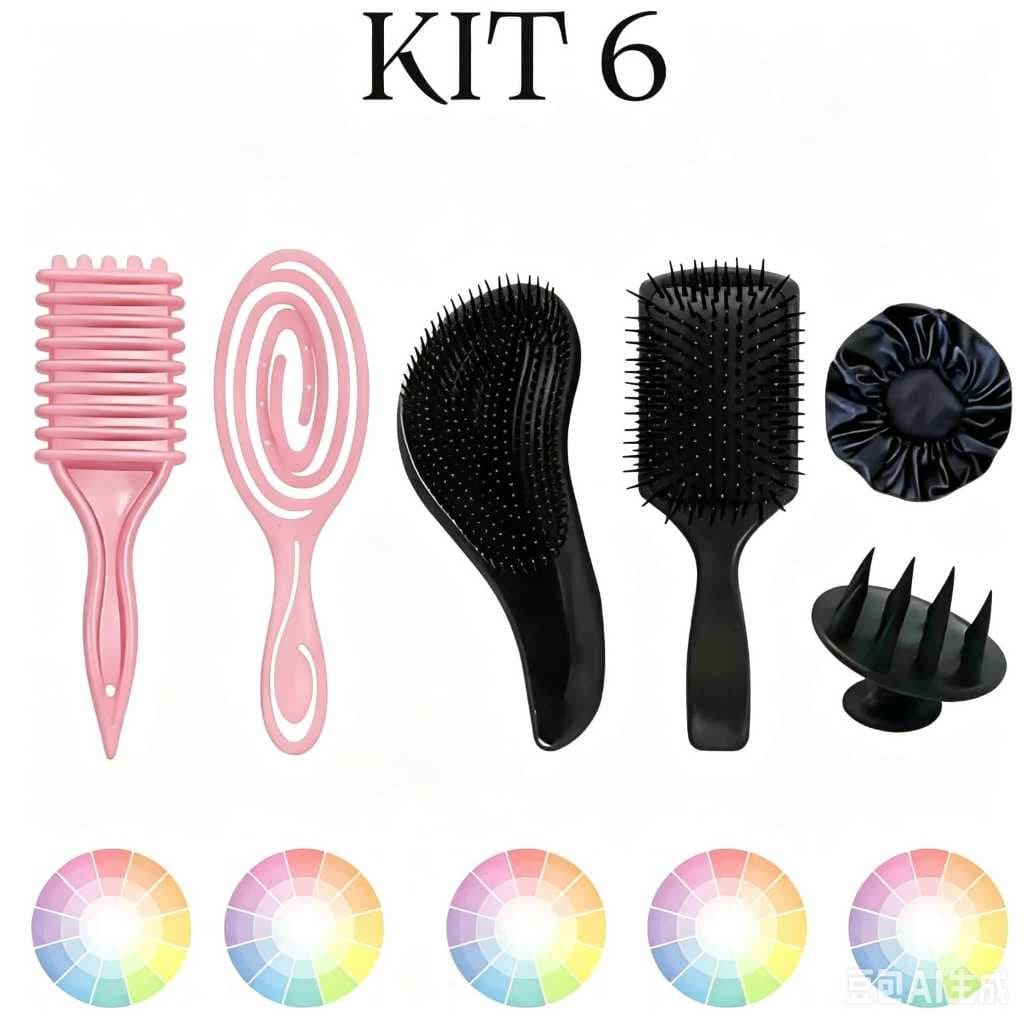 Kit Escova onda+Escova Massageador+  Escova Raquete+Escova Flexível +Escova Mágica+Touca cetim/6 itens