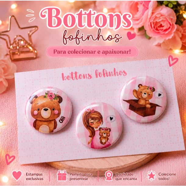 🧸💕 3 Bottons Fofinhos Ursinho Rosa | Bottons Kawaii 3,5cm para Mochila, Estojo e Bolsa | Papelaria Fofa